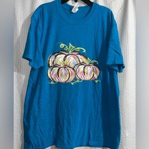 Gildan Blue Short Sleeve Tee with Artistic Pumpkin Fall Halloween Design
